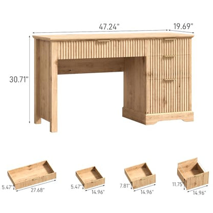 Fluted Executive Desk with Drawers, Wood Computer Desk with Ample File Drawer, Home Office Desk with Storage for Study, Bedroom, Living Room, Oak