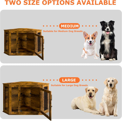 Corner Dog Crate Furniture, 52" Wooden Dog Kennel Furniture End Table with Mesh, Dog Kennel Indoor Furniture for Small Medium Large Dogs, Modern Decorative Wood Pet House Dog Cage Crate, Brown
