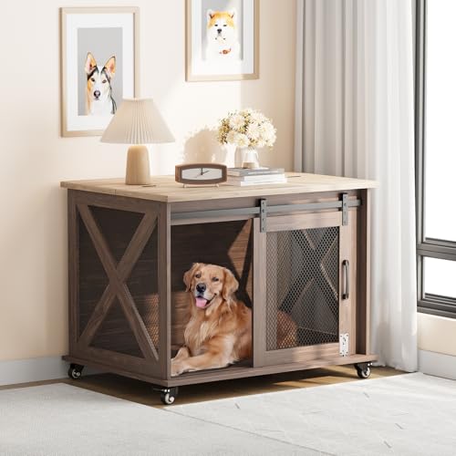 37"Dog Cage, Farmhouse Dog Crate Furniture with Sliding Barn Door, view 3