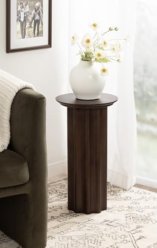 Gierson Modern Wooden Round Side Table; 12 x 12 x 22; Dark Brown; Transitional Scalloped Wood End Table for Use as Bedroom Nightstand or Living Room Accent Table