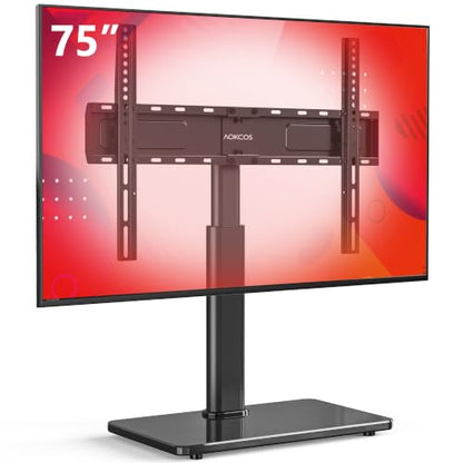 Swivel Universal TV Stand for 32-75 inch TVs with Tilt Down/Up, 8 Levels Height Adjustable Table Top TV Mount Stand with Stable Heavy Duty Tempered Glass Base, MAX VESA 600x400 mm, up to 99lbs, Black
