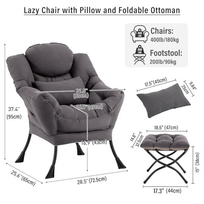 Lazy Chair with Ottoman, Modern Accent Chair with Lumbar Pillow, Dark Grey Sofa, Armchairs with Folding Footrest, Oversized Supportive Chairs for Bedroom, Reading