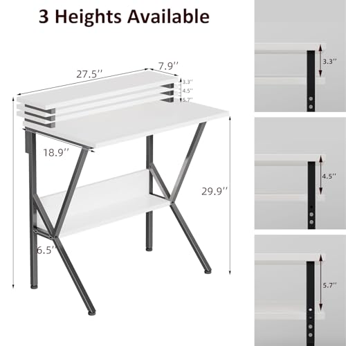Small Desk, Small Computer Desk for Spaces, 27.5 Inch Computer Desk with Adjustable Monitor Stand, Compact Desk with Storage for Bedroom Home Office, White Tabletop+Black Frame