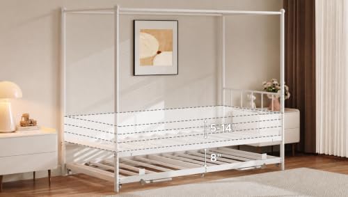 Twin Daybed with Trundle, Canopy Bed with Pop Up Trundle, White, view 7