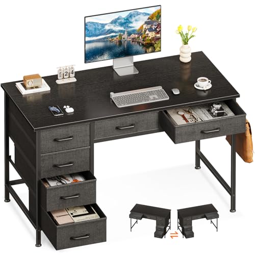 Computer Desk with 6 Drawers, 40 Inch Small Desk with Storage, Reversible Desk with Headphone Hook for Home Office, Work Study Table for Bedroom, Black