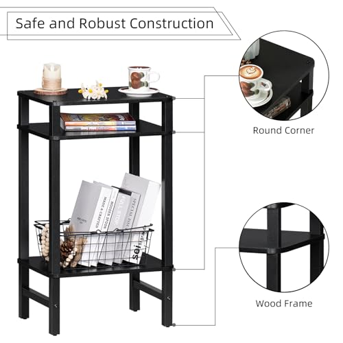 Side Table End Table Tall Night Stand 3-Tier for Living Room Bedroom Bathroom Office Furniture Black