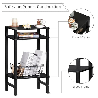 Side Table End Table Tall Night Stand 3-Tier for Living Room Bedroom Bathroom Office Furniture Black