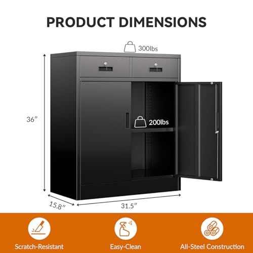 Metal Storage Cabinet, Garage Storage Cabinet with 2 Drawers and Adjustable Shelf, Locking Short Storage Cabinet for Office Garage Home, Black Metal Cabinets(36" H x 31.5" W x 16" D)