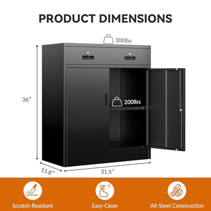 Metal Storage Cabinet, Garage Storage Cabinet with 2 Drawers and Adjustable Shelf, Locking Short Storage Cabinet for Office Garage Home, Black Metal Cabinets(36" H x 31.5" W x 16" D)