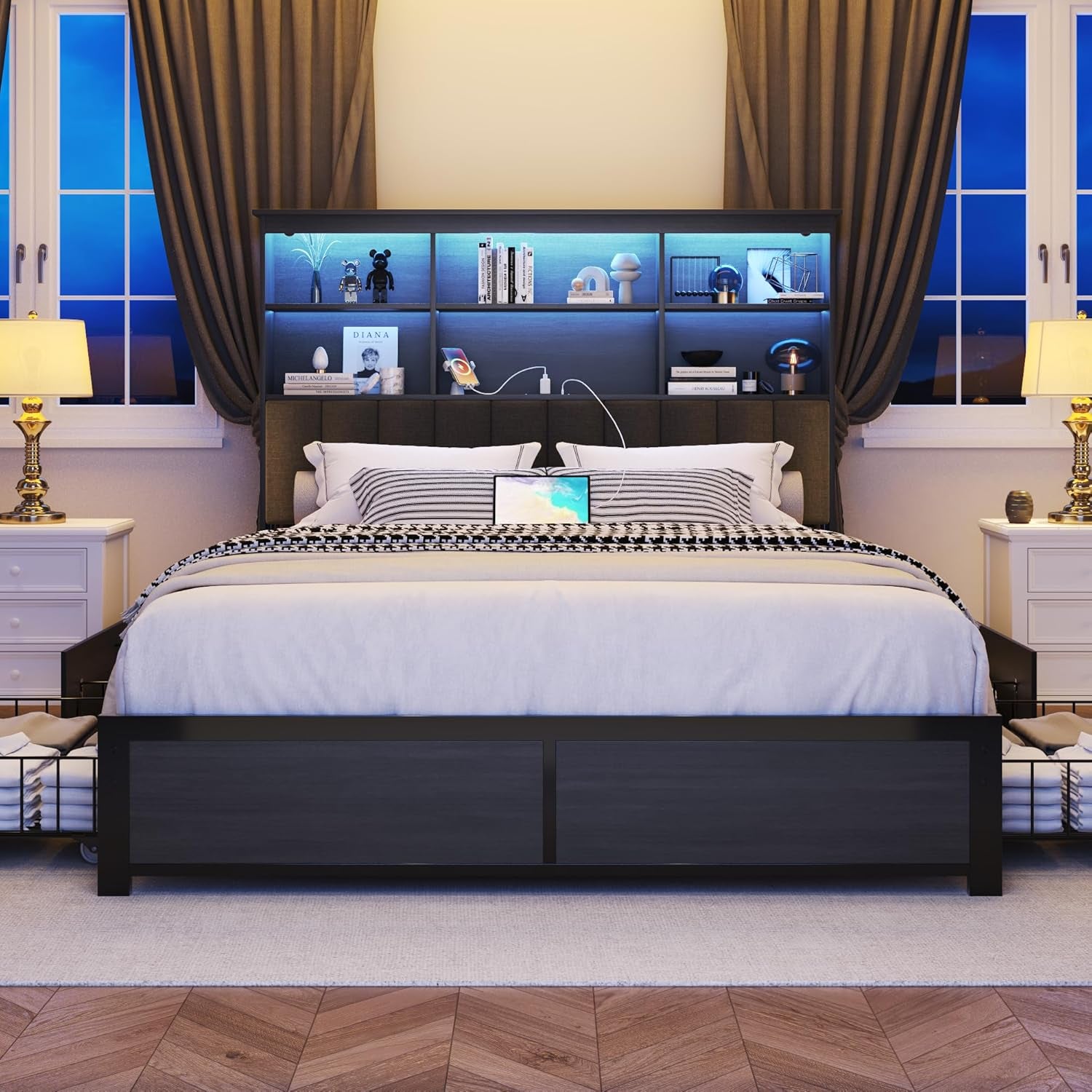 Queen Bed Frame with Headboard, Queen Bed Frame with High Storage Bookcase Headboard, 4 Storage Drawers & Charging Station, No Box Spring Needed/Noise Free/All-Metal Support, Rustic Grey