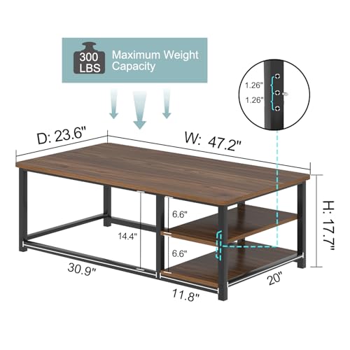 Modern Coffee Table, Rustic Wood and Metal Center Table for Living Room, Industrial Rectangle Cocktail Tea Table with Storage Shelf, Walnut, 47 Inch