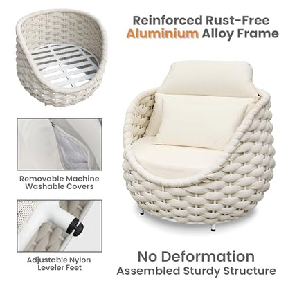Patio Accent Chairs Set of 6: Aluminum Porch Lounge Chair with Arms - Woven Rope Cushioned Armchair - Modern One Seater Sofa - Outdoor Deck Furniture for 400lbs Balcony Yard Garden Hotel, Beige