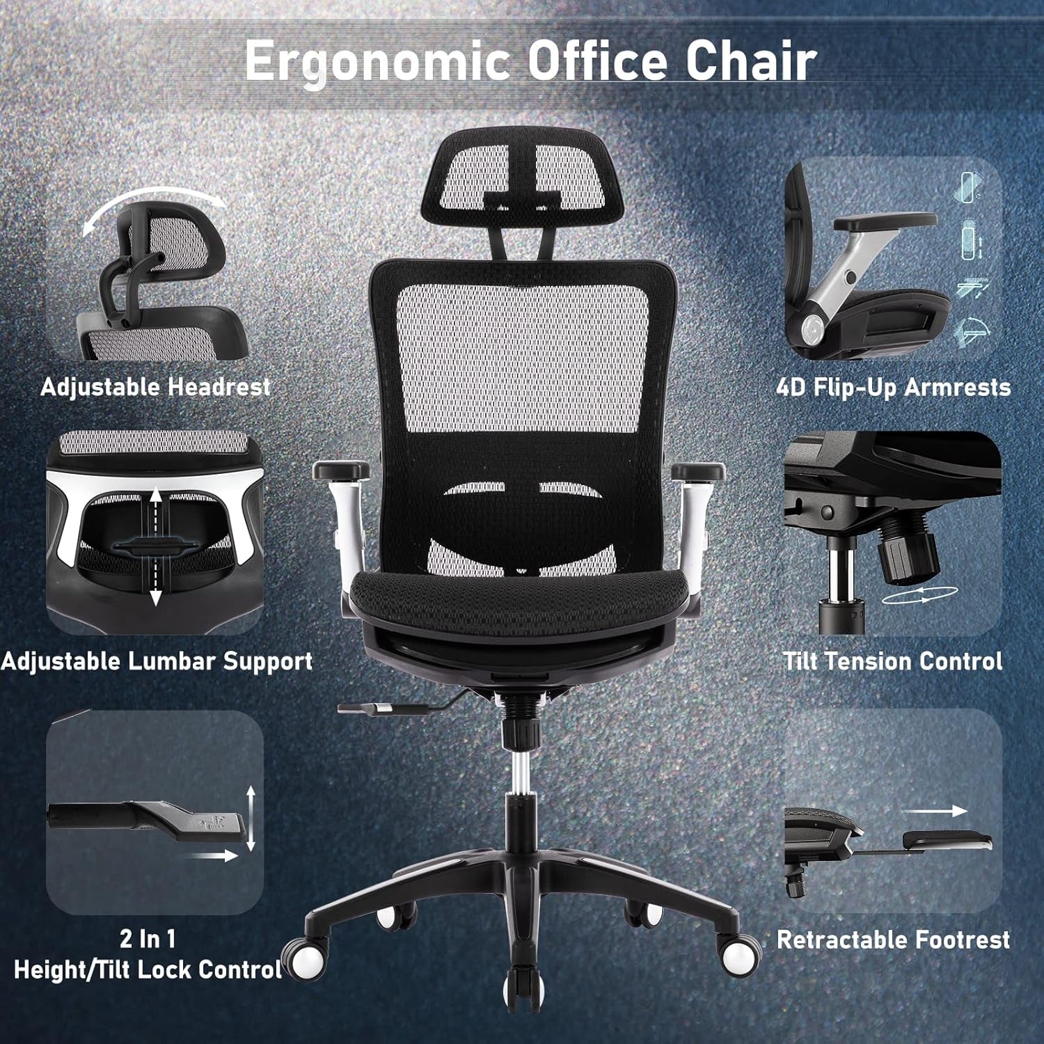Ergonomic Mesh Office Chair with Footrest, High Back Computer Executive Desk Chair with Headrest and 4D Flip-Up Armrests, Adjustable Tilt Lock and Lumbar Support-Black