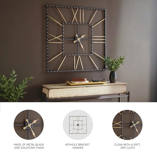 Signature Design by Ashley Thames Modern 40" Square Metal Roman Numeral Wall Clock, Black & Gold