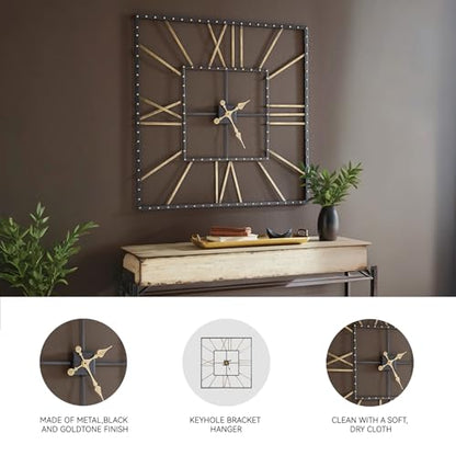 Signature Design by Ashley Thames Modern 40" Square Metal Roman Numeral Wall Clock, Black & Gold