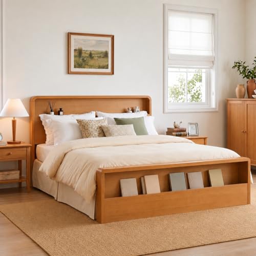 King Solid Wood Platform Bed with Open Storage Headboard, Light Brown, view 4