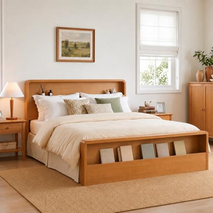 King Solid Wood Platform Bed with Open Storage Headboard, Light Brown, view 4