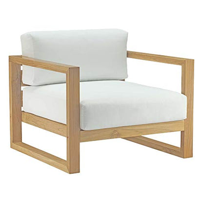 Upland Teak Outdoor Collection | Durable Teak Wood Furniture Set with All-Weather White Cushions | Includes Coffee Table & 2 Armchairs | Ideal for Balcony, Patio, Poolside, Garden