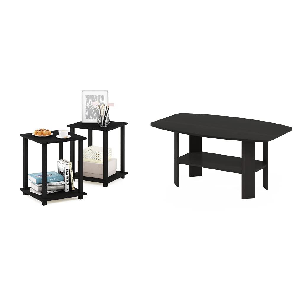 Furinno Simplistic Set of 2 End Table, Americano/Black & Simple Design Coffee Table, Espresso
