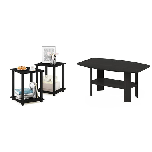 Furinno Simplistic Set of 2 End Table, Americano/Black & Simple Design Coffee Table, Espresso