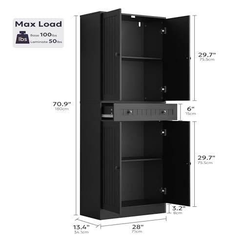 Kitchen Pantry Storage Cabinet, 71" H Farmhouse Pantry Cabinet with 4 Doors & Drawer, Freestanding Cupboard with Adjustable Shelves, Rustic Wood Cupboard for Kitchen, Dining Room, Black