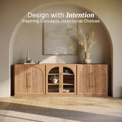 3-Piece Modular Sideboard Buffet Set Freely Configurable 2 Arched Wood Door and 1 Glass Display Cabinet 97'' Classic Modern Storage Credenza for Dining Living Room - Camel