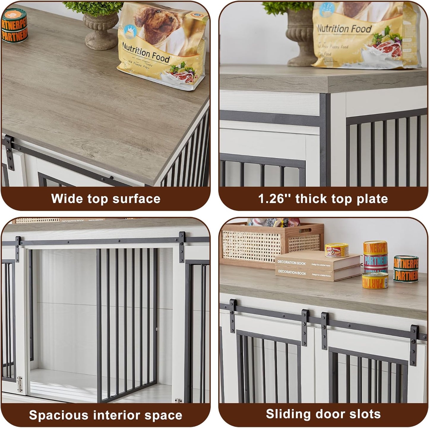 XXL Wooden Dog Crate Furniture with Sliding Barn Door, 60.6" Indoor Kennel with Divider, Modern TV Stand for Large Dog or 2 Medium Dogs (White)