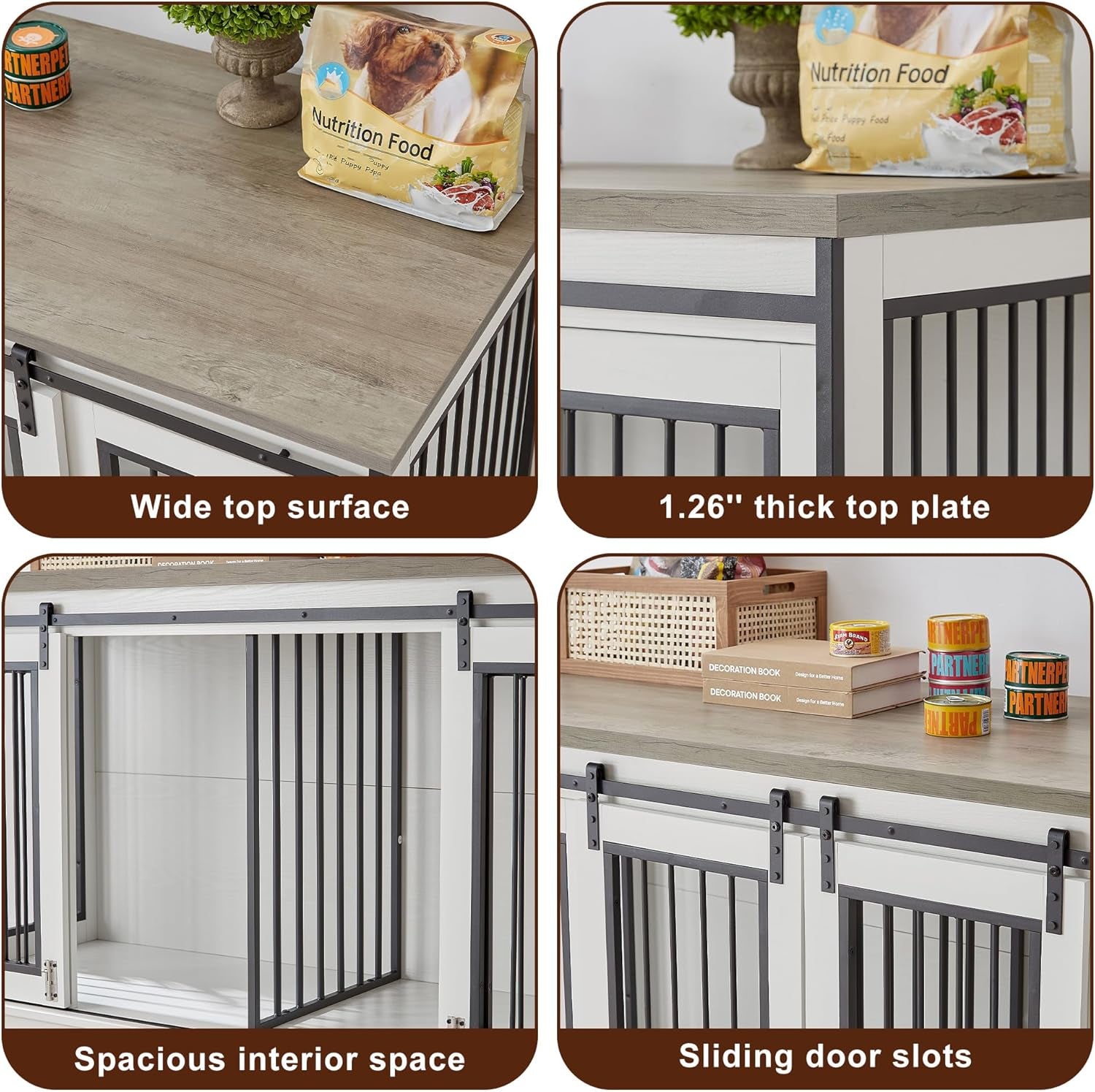 XXL Wooden Dog Crate Furniture with Sliding Barn Door, 60.6" Indoor Kennel with Divider, Modern TV Stand for Large Dog or 2 Medium Dogs (Grey)