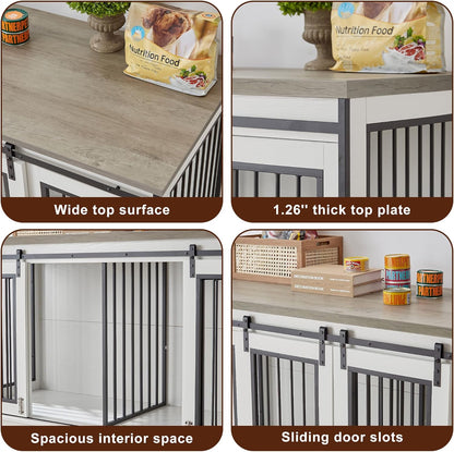 XXL Wooden Dog Crate Furniture with Sliding Barn Door, 60.6" Indoor Kennel with Divider, Modern TV Stand for Large Dog or 2 Medium Dogs (Grey)
