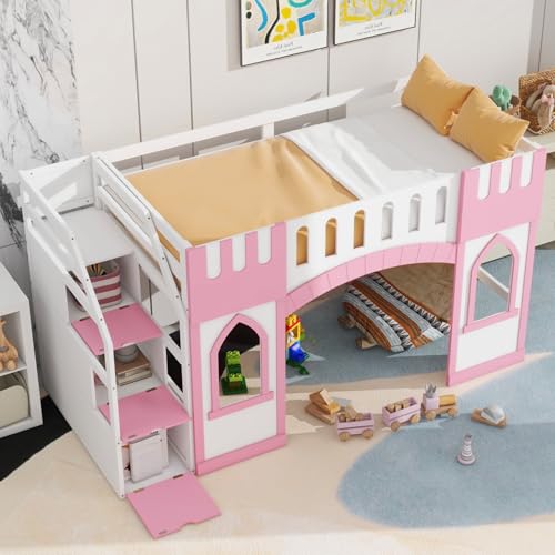 Wooden Twin Loft Bed with Built-in Storage Staircase and Play Window, House Style Elevated Kids Bed Frame, No Box Spring Needed for Bedroom Use (Pink)