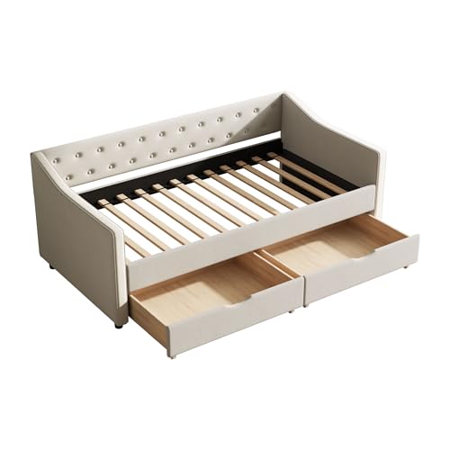 81" Upholstered Tufted Sofa Bed - Deep Seat Pull-Out with Breathable Fabric, Two Drawers for Living Room, Beige