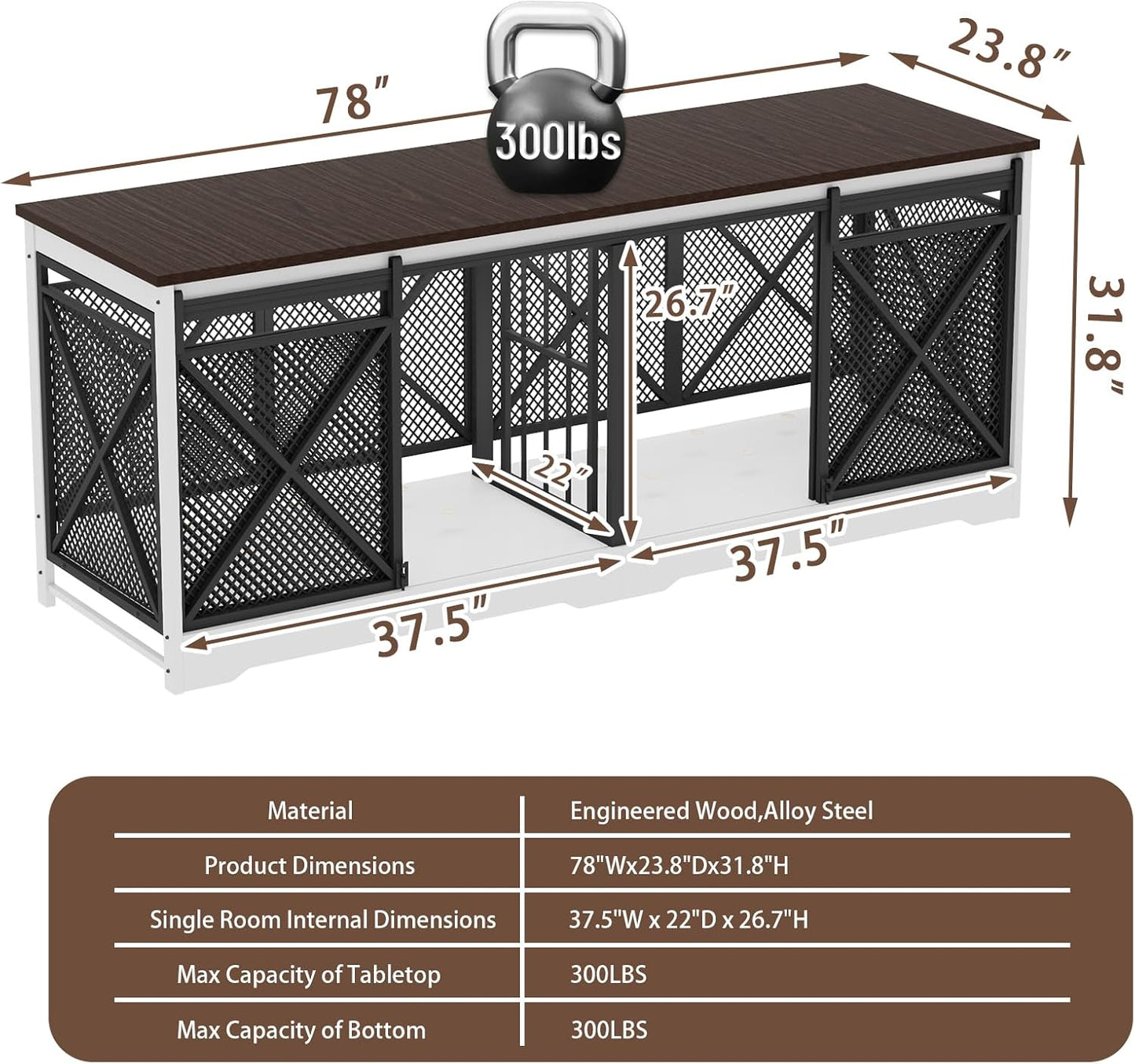 78 Inch Double Dog Crate Furniture, Extra Large Dog Kennel Indoor for Medium Large 2 Dogs, Heavy Duty Dog Cage Chew-Resistant Steel and Wooden Pet House with Removable Divider (White Brown)