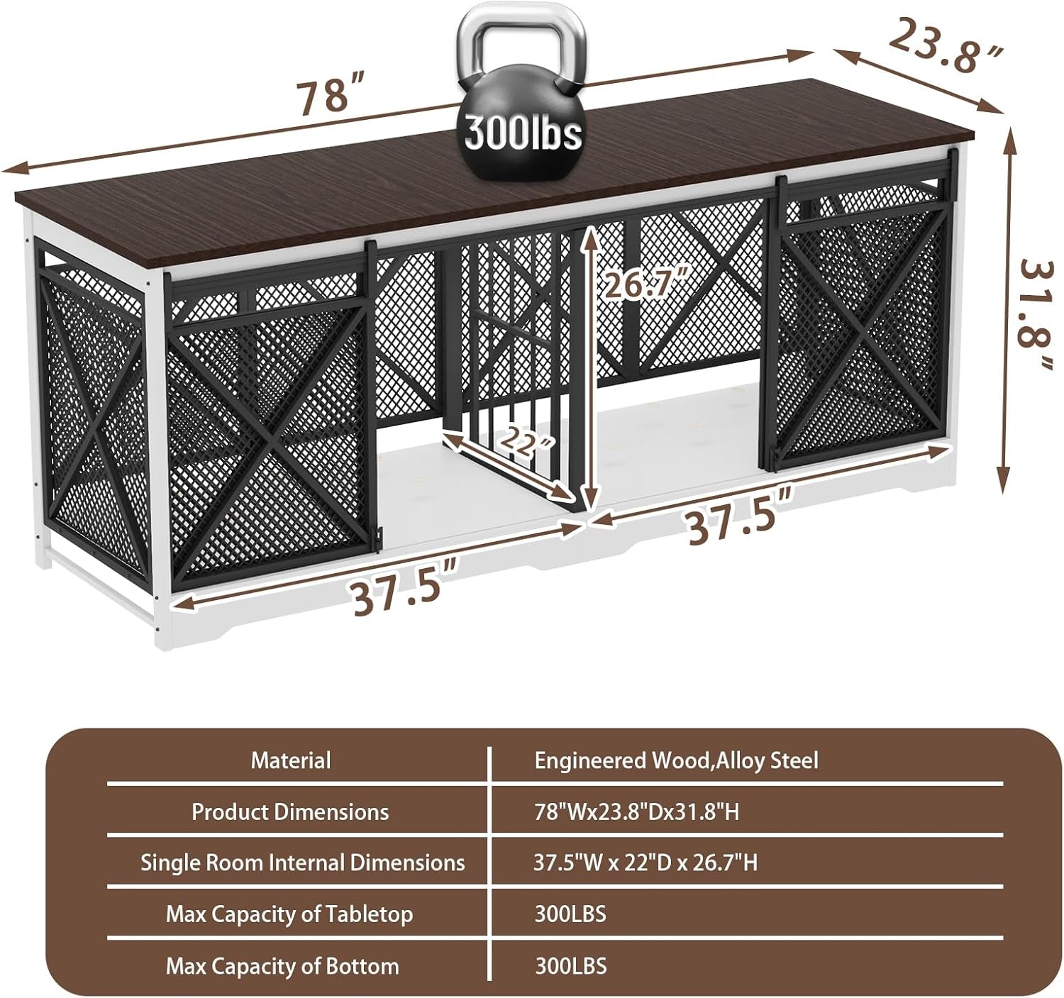 78 Inch Double Dog Crate Furniture, Extra Large Dog Kennel Indoor for Medium Large 2 Dogs, Heavy Duty Dog Cage Chew-Resistant Steel and Wooden Pet House with Removable Divider (White Brown)