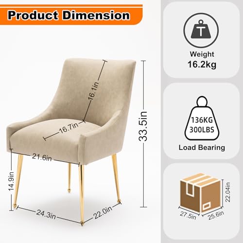 Dining Room Chair Faux Leather Vanity Chairs Set of 2 Mid-Century with Metal Legs Upholstered PU Leather Luxury Accent Chairs Living Room Restaurant(Dark Apricot)