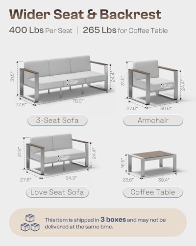 Outdoor Patio Furniture Set, 5 Seats Aluminum Patio Conversation Sets with Ergonomic Seat and Wide Washable Thick Cushions, Modern Outdoor Sectional Furniture for Balcony, Porch