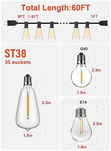 Outdoor String Lights, 60FT Waterproof Patio Lights with 32 Hanging Globe ST38 Bulbs, 2700k Shatterproof for Backyard Gazebo Porch Garden Commerical Outside Decor