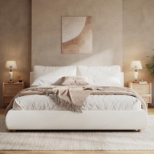 California King Boucle Platform Bed with 2 Headboard Pillows, White, view 4