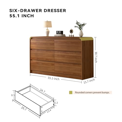 Dresser for Bedroom, 55 Inch 6 Drawer Wooden Chest of Drawers, view 4
