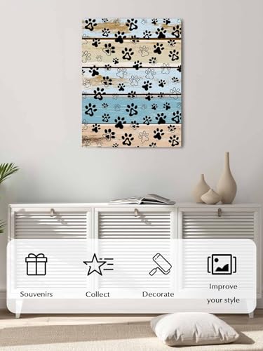 NuYeBiofx Farm Dog Paw Retro Wood Grain Canvas Wall Art Prints,40"x28" Framed Picture Artwork Rustic Animal Footprints Wooden Printed Canvas Oil Painting for Living Room Bedroom Office,Ready to Hang