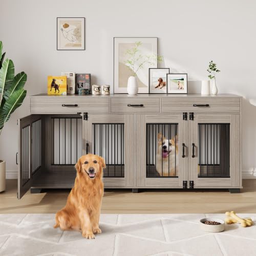 71'' Large Dog Crate for 2 Dogs, Dog Crate with 3 Drawers, Grey, view 7