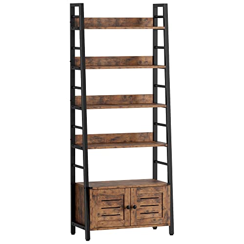 4 Tier Ladder Bookcase with Louvered Doors Rustic Brown | Bookshelf; Ladder Shelf;bottom cabinet; anti tip kit; for Bedroom Living Room Home Office