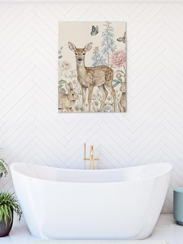 NuYeBiofx Farmhouse Deer Rabbit Butterfly Canvas Wall Art Prints,40"x28" Framed Picture Artwork Retro Pastoral Flower Leaf Printed Canvas Oil Painting for Living Room Bedroom Office,Ready to Hang