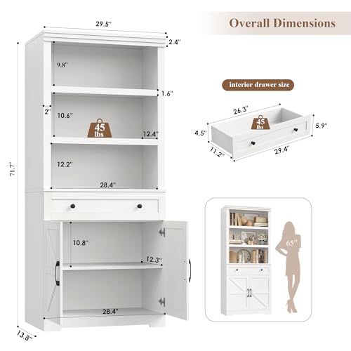 72" Tall Book Shelf and Bookcase, 14" Deep Bookshelf with Drawer and Doors, Farmhouse Book Case with Storage, Wood Storage Cabinet with Display Shelves for Home Office, Living Room, White