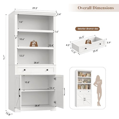 72" Tall Book Shelf and Bookcase, 14" Deep Bookshelf with Drawer and Doors, Farmhouse Book Case with Storage, Wood Storage Cabinet with Display Shelves for Home Office, Living Room, White