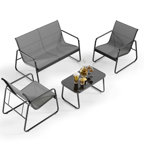 4 Piece Patio Furniture Set, Outdoor Conversation Set, with Glass Coffee Table, Loveseat, 2 Single Chairs, All Weather Textile Fabric, for Backyard, Balcony, Lawn, Garden, Poolside, Grey