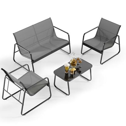 4 Piece Patio Furniture Set, Outdoor Conversation Set, with Glass Coffee Table, Loveseat, 2 Single Chairs, All Weather Textile Fabric, for Backyard, Balcony, Lawn, Garden, Poolside, Grey