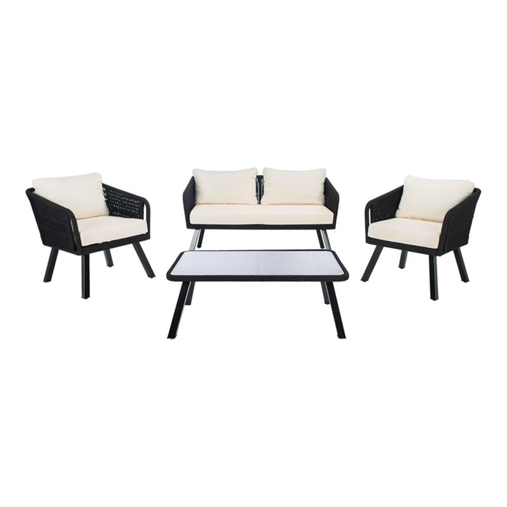 Safavieh Outdoor Collection Kerson Wicker Cushion 4-Piece Rope Patio Backyard Living Set PAT7519B, Black/Beige