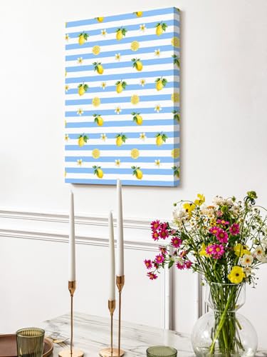 NuYeBiofx Country Lemon Flower Blue Stripe Canvas Wall Art Prints,30"x20" Framed Picture Artwork Farmhouse Fruit Floral Line Printed Canvas Oil Painting for Living Room Bedroom Office,Ready to Hang