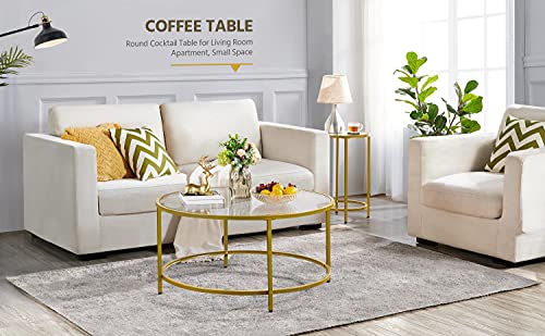 Yaheetech Coffee Table Set of 3, Round Coffee Table & 2pcs Accent End Table Easy Assembly w/Glass-Top Surface & Reinforced Frame for Living Room,Apartment,Small Space,Mustard Gold