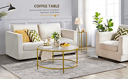 Yaheetech Coffee Table Set of 3, Round Coffee Table & 2pcs Accent End Table Easy Assembly w/Glass-Top Surface & Reinforced Frame for Living Room,Apartment,Small Space,Mustard Gold